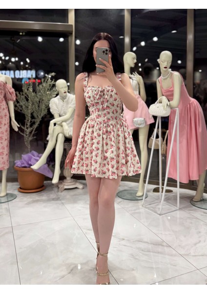 Sweety Önü Bağlamalı Çiçek Desenli Mini Elbise Krem fiyatları
