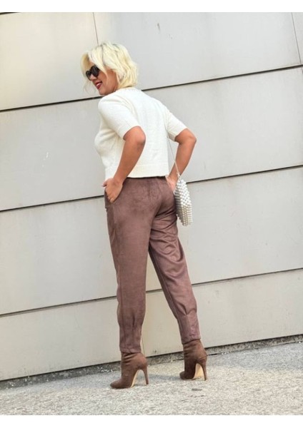 Kadın Paça Pensli Süet Pantolon