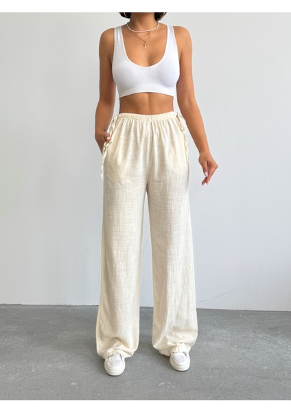 Kadın Keten Yandan Bağlamalı Bol Pantolon