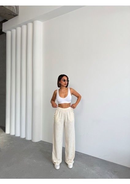 Kadın Keten Yandan Bağlamalı Bol Pantolon fırsatları