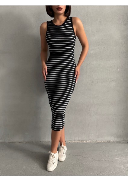Kadın Çizgili Kolsuz Esnek Elbise