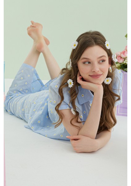 Mavi Papatyalı Önden Düğmeli Pijama Takımı