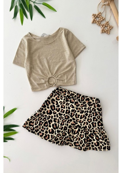 Leopar Etekli Simli Crop Lü Kız çocuk takım - Altın