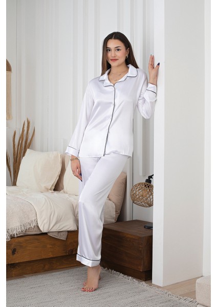 Beyaz Saten Pijama Takımı