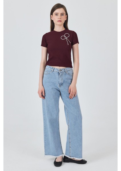 Bordo Inci Kurdele Işlemeli Crop Slim Fit Tişört 2229 modelleri