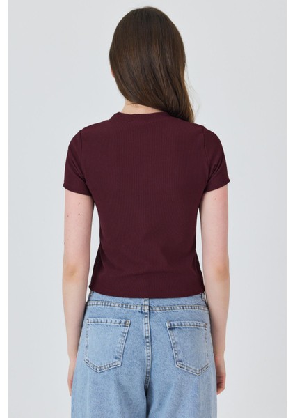 Bordo Inci Kurdele Işlemeli Crop Slim Fit Tişört 2229 fırsatları