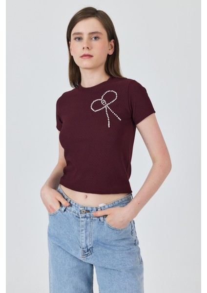 Bordo Inci Kurdele Işlemeli Crop Slim Fit Tişört 2229 indirimleri