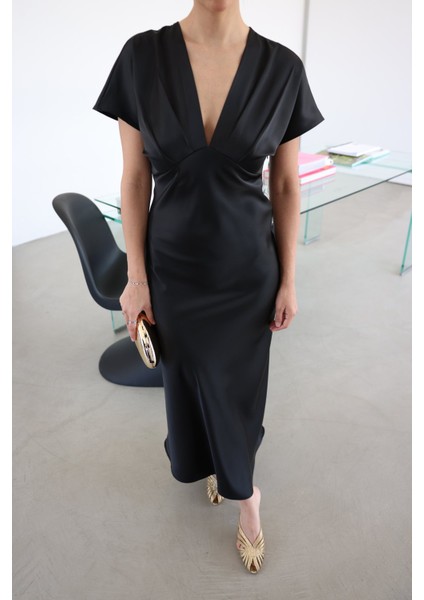 V Yaka Midi Boy Saten Elbise fiyatları