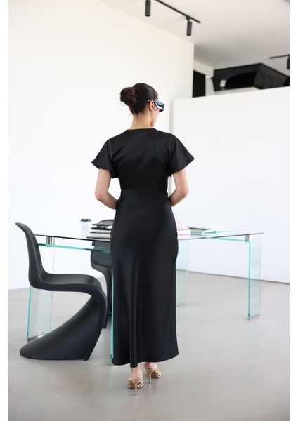 V Yaka Midi Boy Saten Elbise indirimleri