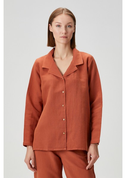 Lino Keten Gömlek Pijama Kiremit