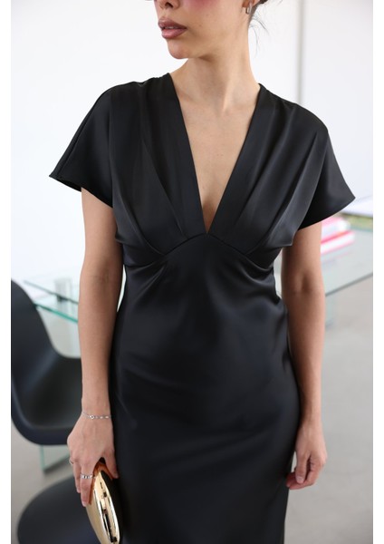 V Yaka Midi Boy Saten Elbise modelleri