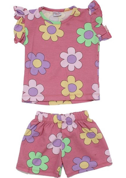 Kız Çocuk Mürdüm Renkli Papatya Desenli Şortlu 2'li Takım - 1015976