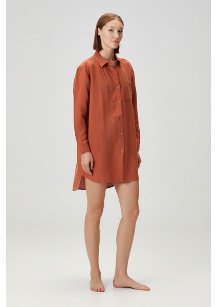 Lino Keten Gömlek Pijama Kiremit