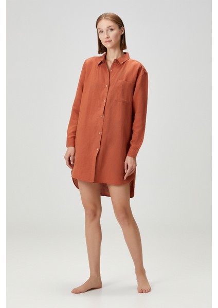 Lino Keten Gömlek Pijama Kiremit modelleri