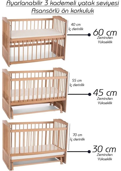 Ahşap Organik Beşik Anne Yanı Beşik 3 Kademeli Lüx Bebek Beşiği 60 x 120 cm - Krem Prenses Uyku Setli & Soft Yataklı