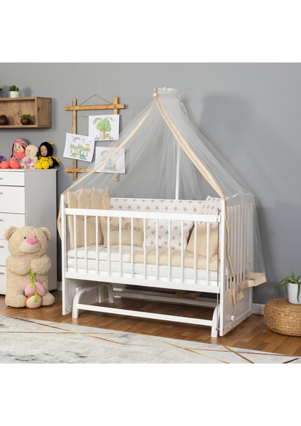 Ahşap Lake Beyaz Renk Anne Yanı Beşik 3 Kademeli Sallanan Ahşap Beşik 60 x 120 cm - Krem Prens Uyku Setli & Soft Yataklı modelleri