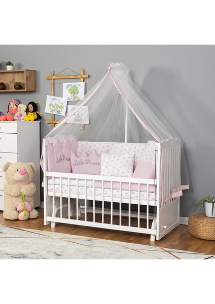 Ahşap Lake Beyaz Renk Anne Yanı Beşik 3 Kademeli Sallanan Ahşap Beşik 60 x 120 cm - Pembe Prenses Uyku Setli & Soft Yataklı