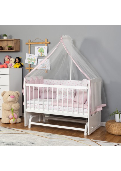 Ahşap Lake Beyaz Renk Anne Yanı Beşik 3 Kademeli Sallanan Ahşap Beşik 60 x 120 cm - Pembe Prenses Uyku Setli & Soft Yataklı
