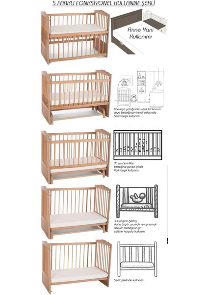 Ahşap Organik Beşik Anne Yanı Beşik 3 Kademeli Lüx Bebek Beşiği 60 x 120 cm - Krem Prenses Uyku Setli & Soft Yataklı