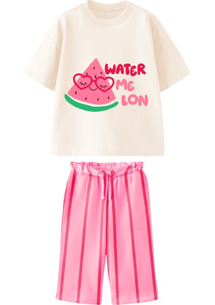 Kız Çocuk Pamuklu Karpuz Baskılı T-Shirt ve Pembe Çizgili Pantolon Takım