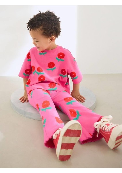 Kız Çocuk Pamuklu Pembe Çiçek Desenli T-Shirt ve Ispanyol Paça Pantolon Takım