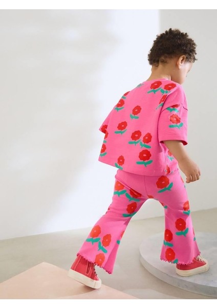 Kız Çocuk Pamuklu Pembe Çiçek Desenli T-Shirt ve Ispanyol Paça Pantolon Takım