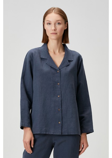 Lino Keten Gömlek Pijama Indigo