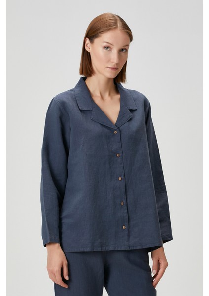 Lino Keten Gömlek Pijama Indigo