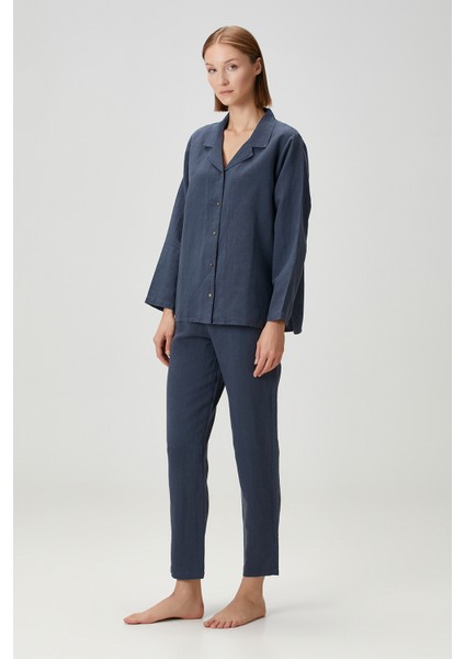 Lino Keten Gömlek Pijama Indigo