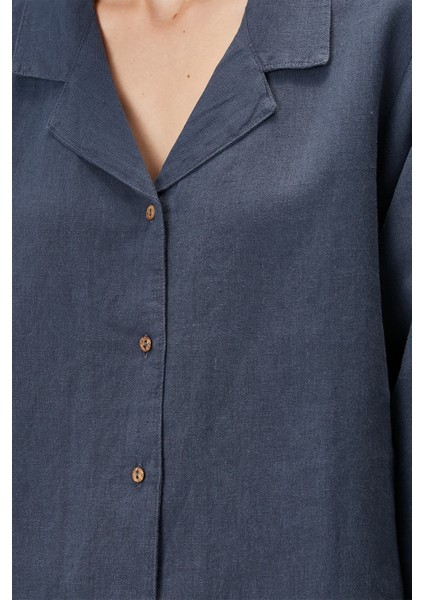 Lino Keten Gömlek Pijama Indigo