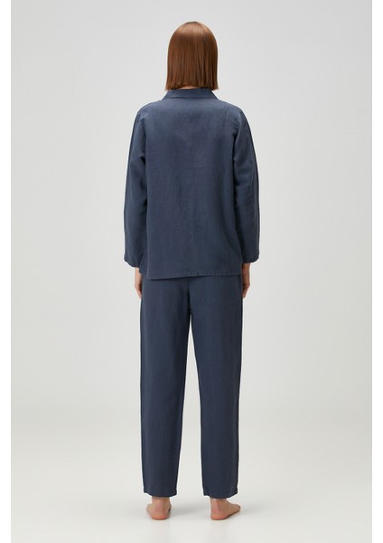 Lino Keten Gömlek Pijama Indigo