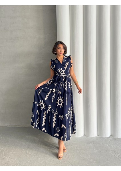 Kadın Volanlı Kol Kruvaze Yaka Dokuma Elbise