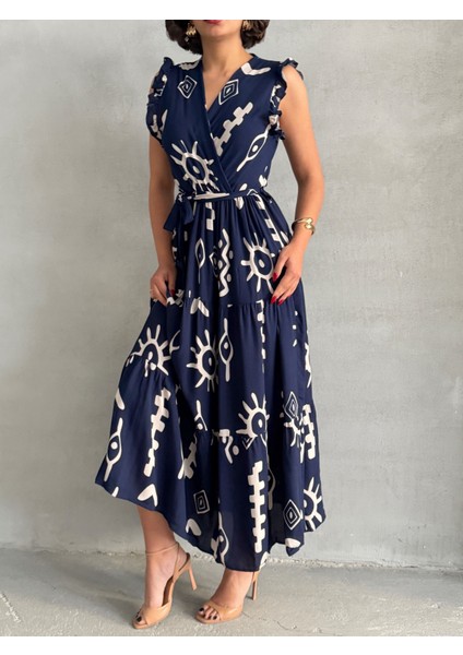 Kadın Volanlı Kol Kruvaze Yaka Dokuma Elbise fiyatları