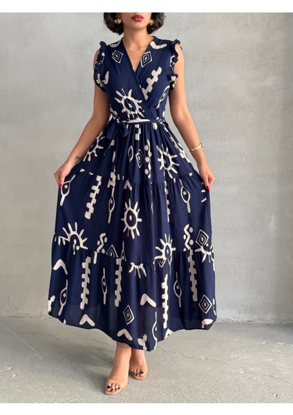 Kadın Volanlı Kol Kruvaze Yaka Dokuma Elbise modelleri