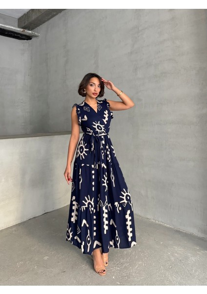 Kadın Volanlı Kol Kruvaze Yaka Dokuma Elbise fırsatları