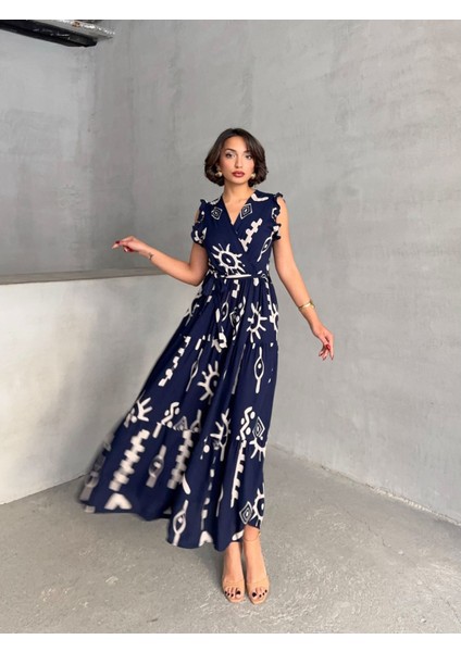 Kadın Volanlı Kol Kruvaze Yaka Dokuma Elbise indirimleri