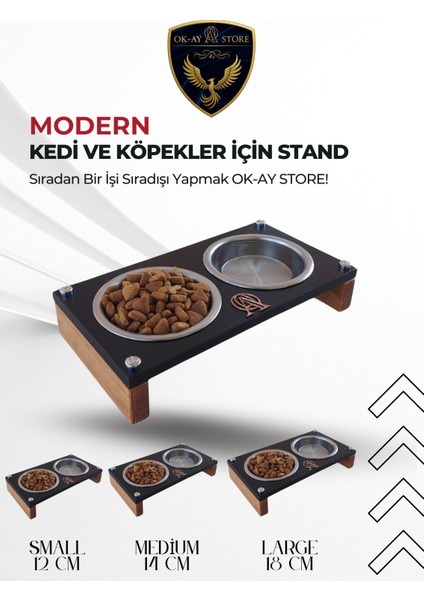 Kedi Köpek Mama ve Su Kabı Standı – Ahşap Gövde, Paslanmaz Çelik Kaseli, Kaymaz Tabanlı