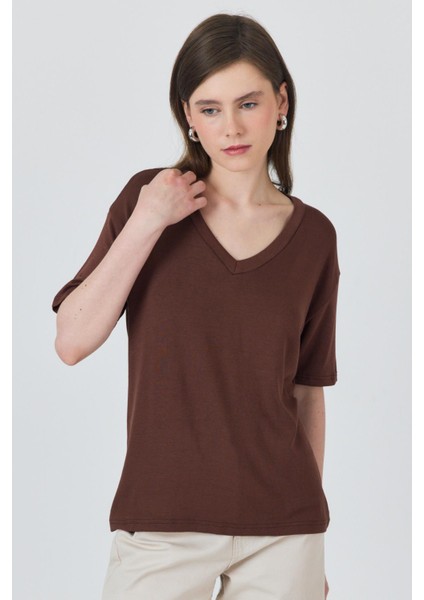 Kahve V Yaka Viskoz/yumuşak Kumaş Dökümlü Tişört 3077 fiyatları