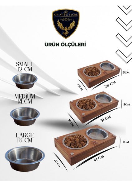 Kedi Köpek Mama ve Su Kabı Standı – Ahşap Gövde, Paslanmaz Çelik Kaseli, Kaymaz Tabanlı