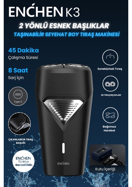 K3 Siyah Taşınabilir Seyahat Boy Mini Şarjlı Tıraş Makinesi
