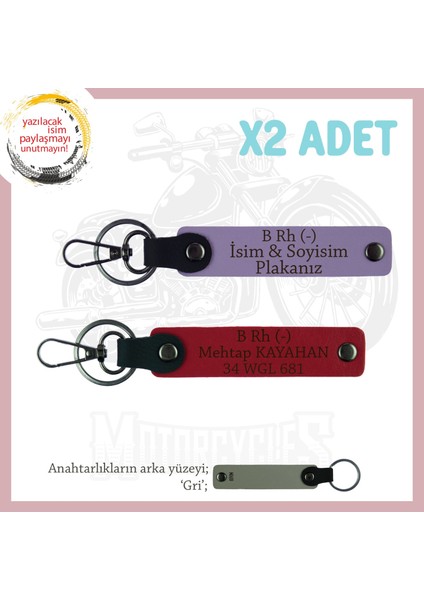 Yol Arkadaşlarına Özel Isim Plaka ve B Rh (-) Kan Grubu Yazılı Kişisel X2 Anahtarlık, Mor-Kırmızı-Gr