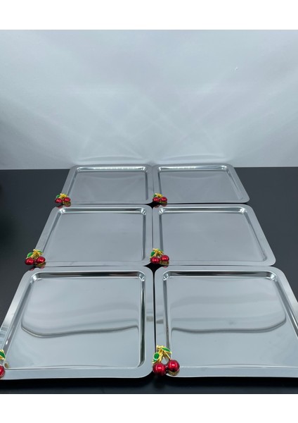 6 Kişilik Metal Kare Kirazlı Kiraz Sunum Servis Tepsisi Tepsi 22CM