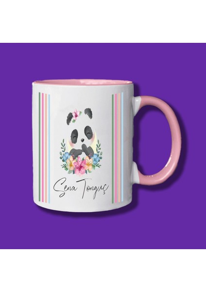 Kişiye ve Isme Özel Baskılı Çiçekli Panda Tasarımlı Pembe Kupa Bardak