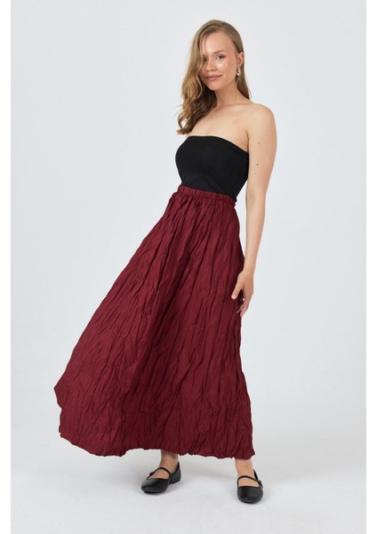 Bordo Bel Lastikli Kırışık Kumaş Etek 3483