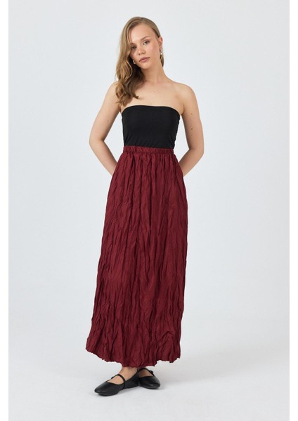 Bordo Bel Lastikli Kırışık Kumaş Etek 3483