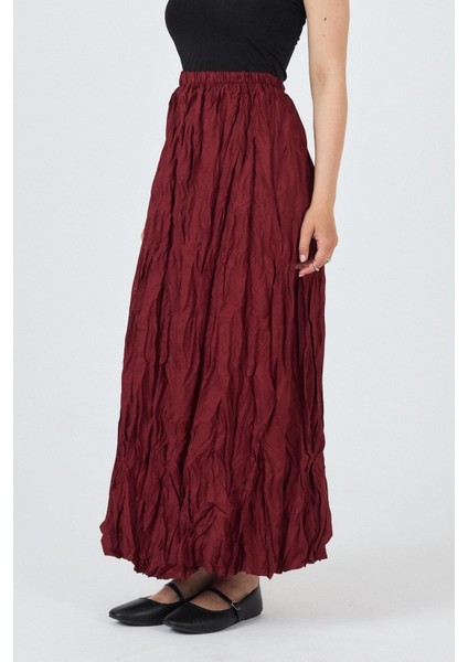 Bordo Bel Lastikli Kırışık Kumaş Etek 3483