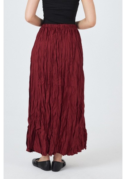 Bordo Bel Lastikli Kırışık Kumaş Etek 3483
