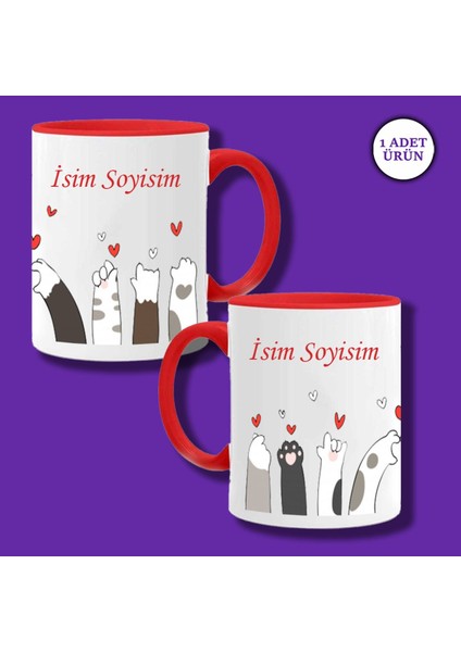 Kedi Patileri Tasarımlı Isim Yazılabilir Kişiye Özel Kupa Bardak