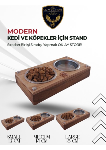 Kedi Köpek Mama ve Su Kabı Standı – Ahşap Gövde, Paslanmaz Çelik Kaseli, Kaymaz Tabanlı