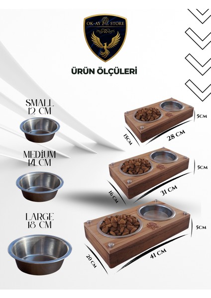 Kedi Köpek Mama ve Su Kabı Standı – Ahşap Gövde, Paslanmaz Çelik Kaseli, Kaymaz Tabanlı